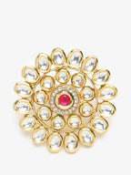 Women's Gold-Polished White Red Kundan-Studded Handcrafted Finger Ring - Ruby Raang | Grocsy