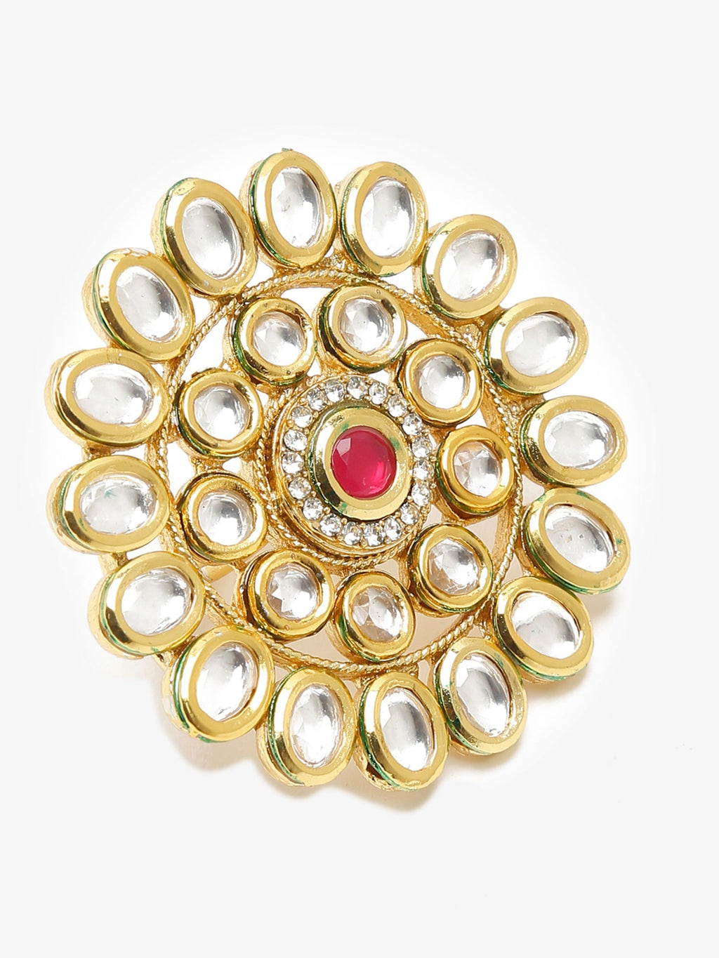 Women's Gold-Polished White Red Kundan-Studded Handcrafted Finger Ring - Ruby Raang | Grocsy