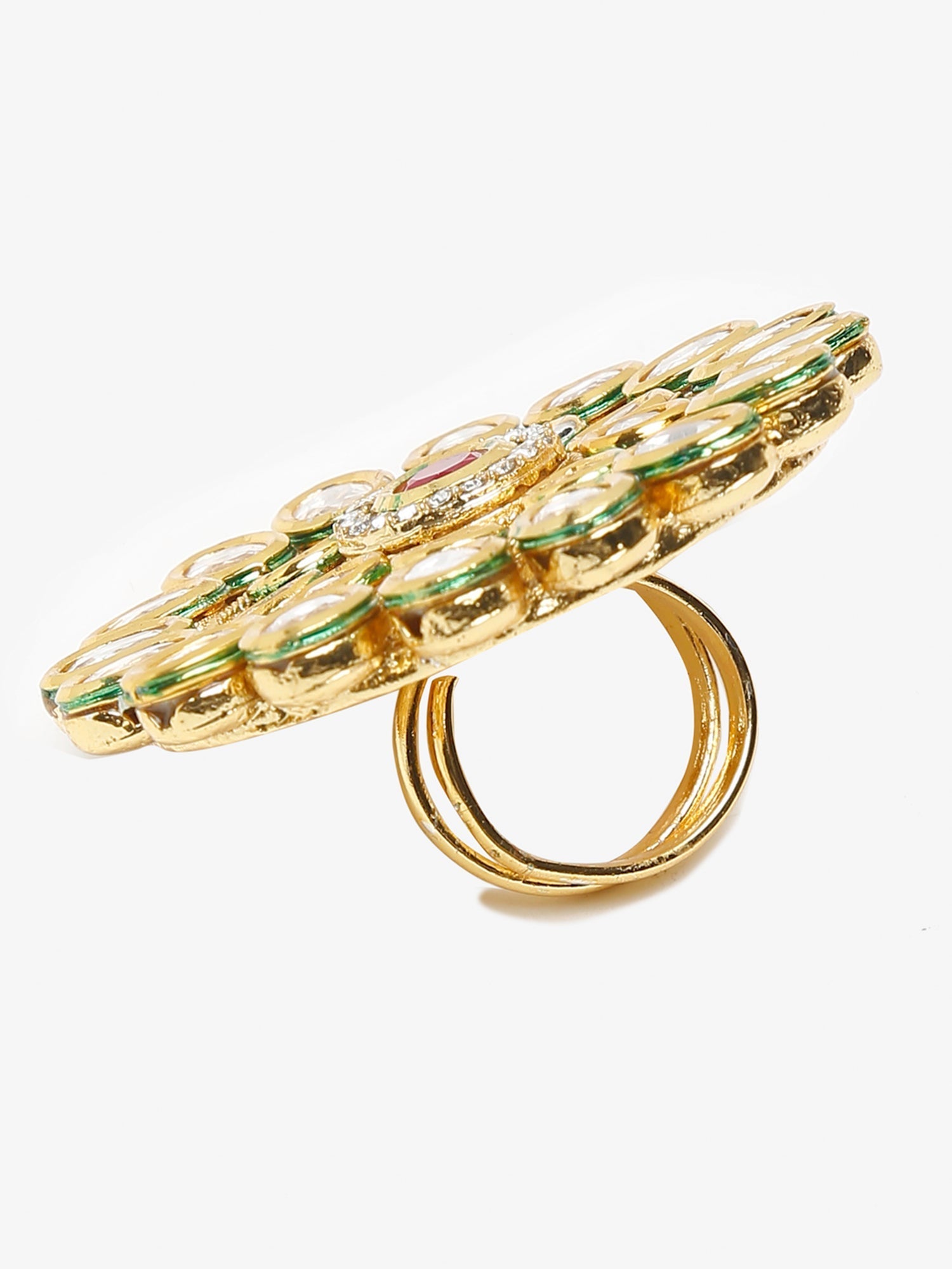 Women's Gold-Polished White Red Kundan-Studded Handcrafted Finger Ring - Ruby Raang | Grocsy