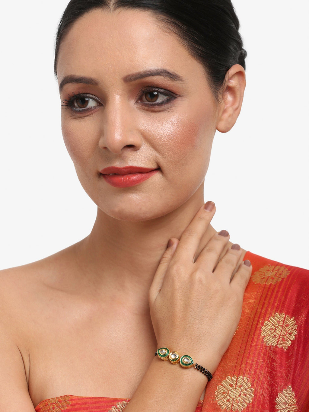 Black Gold-Polished Kundan Bracelet Mangalsutra - Ruby Raang | Grocsy