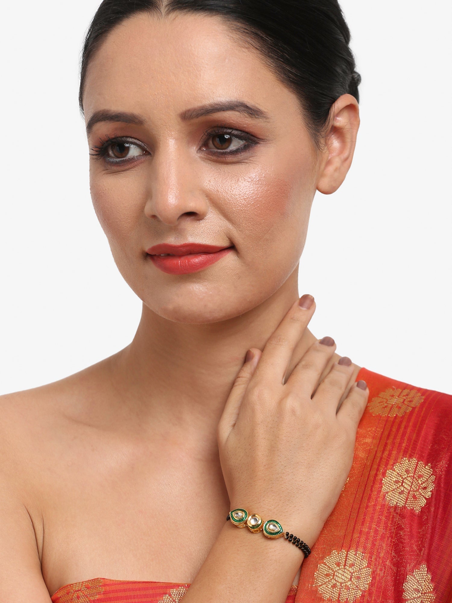 Black Gold-Polished Kundan Bracelet Mangalsutra - Ruby Raang | Grocsy