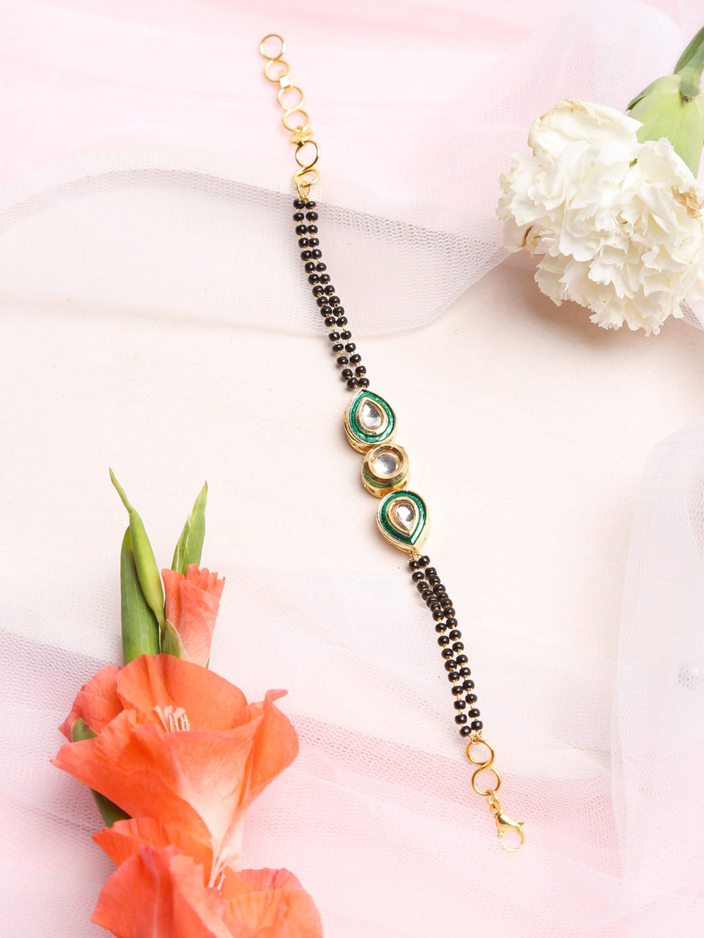Black Gold-Polished Kundan Bracelet Mangalsutra - Ruby Raang | Grocsy