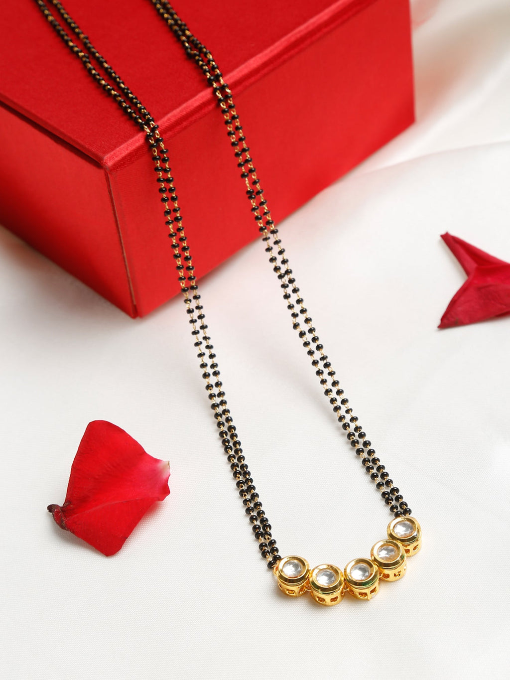 Black Gold-Polished Beaded White Kundan Studded Mangalsutra - Ruby Raang | Grocsy