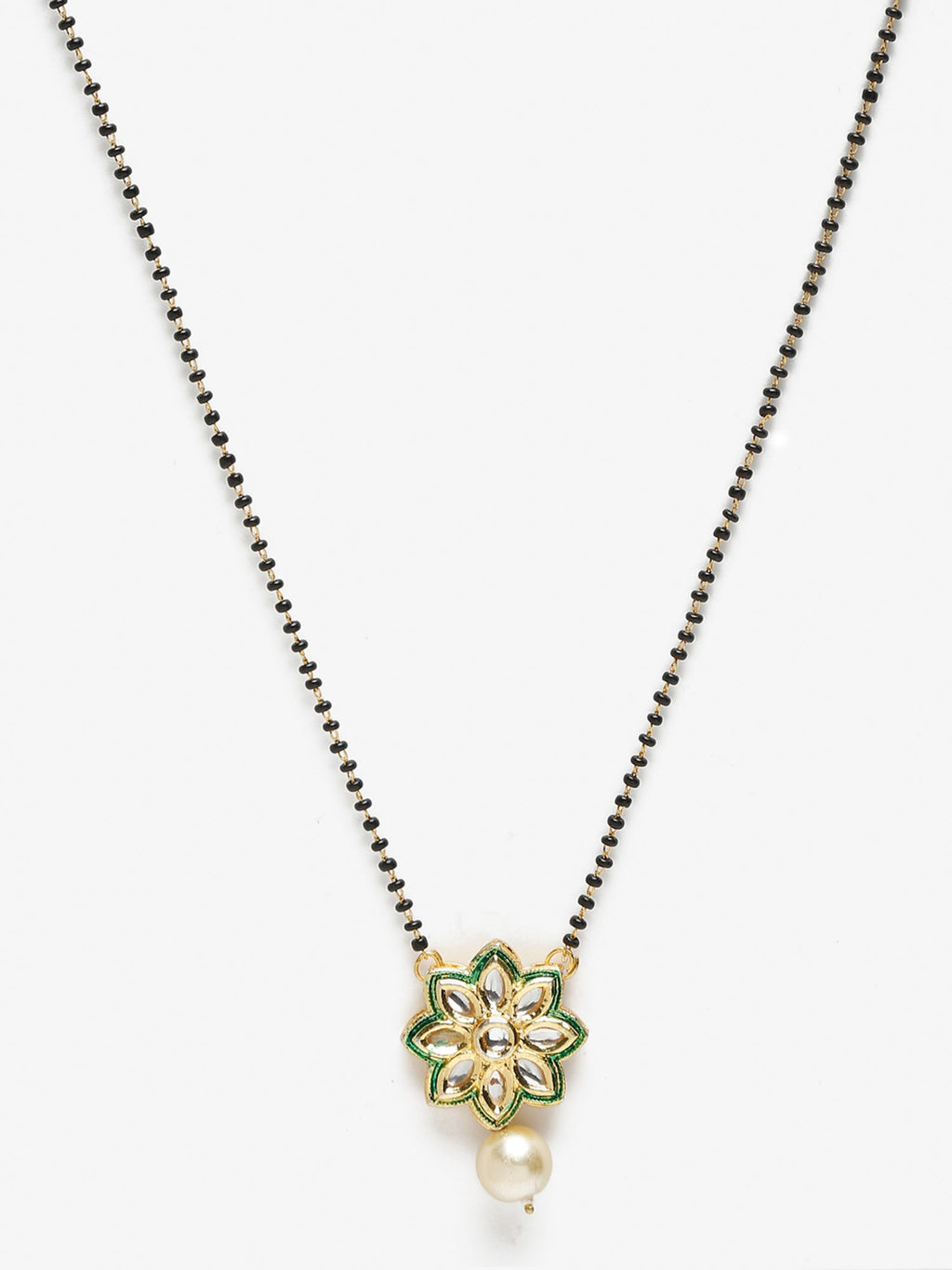 Gold-Polished Black Beaded White Kundan Studded Handcrafted Mangalsutra - Ruby Raang | Grocsy
