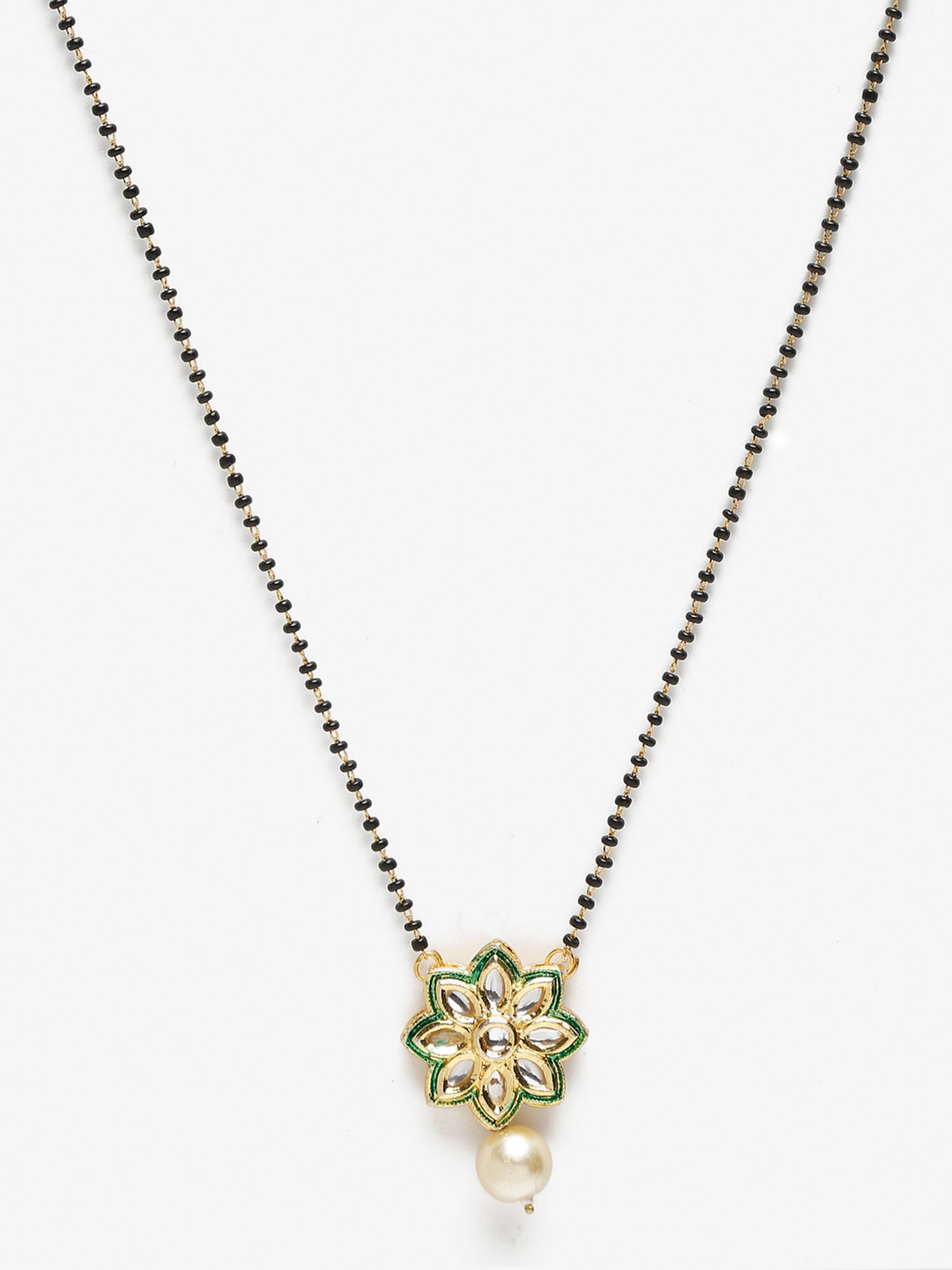 Gold-Polished Black Beaded White Kundan Studded Handcrafted Mangalsutra - Ruby Raang | Grocsy
