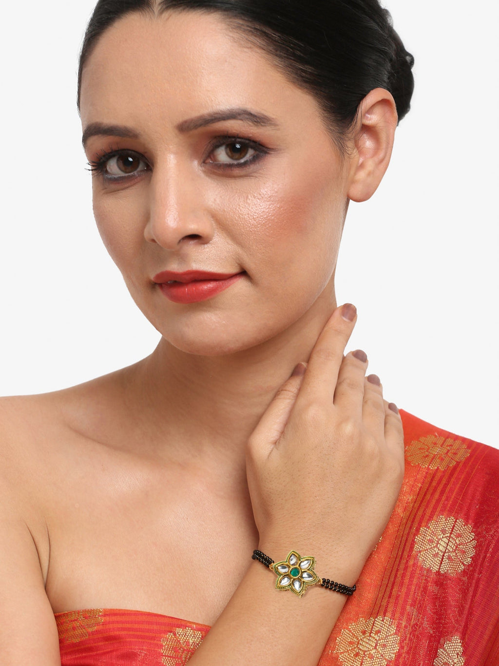 Black Gold-Polished Kundan Studded Mangalsutra Bracelet - Ruby Raang