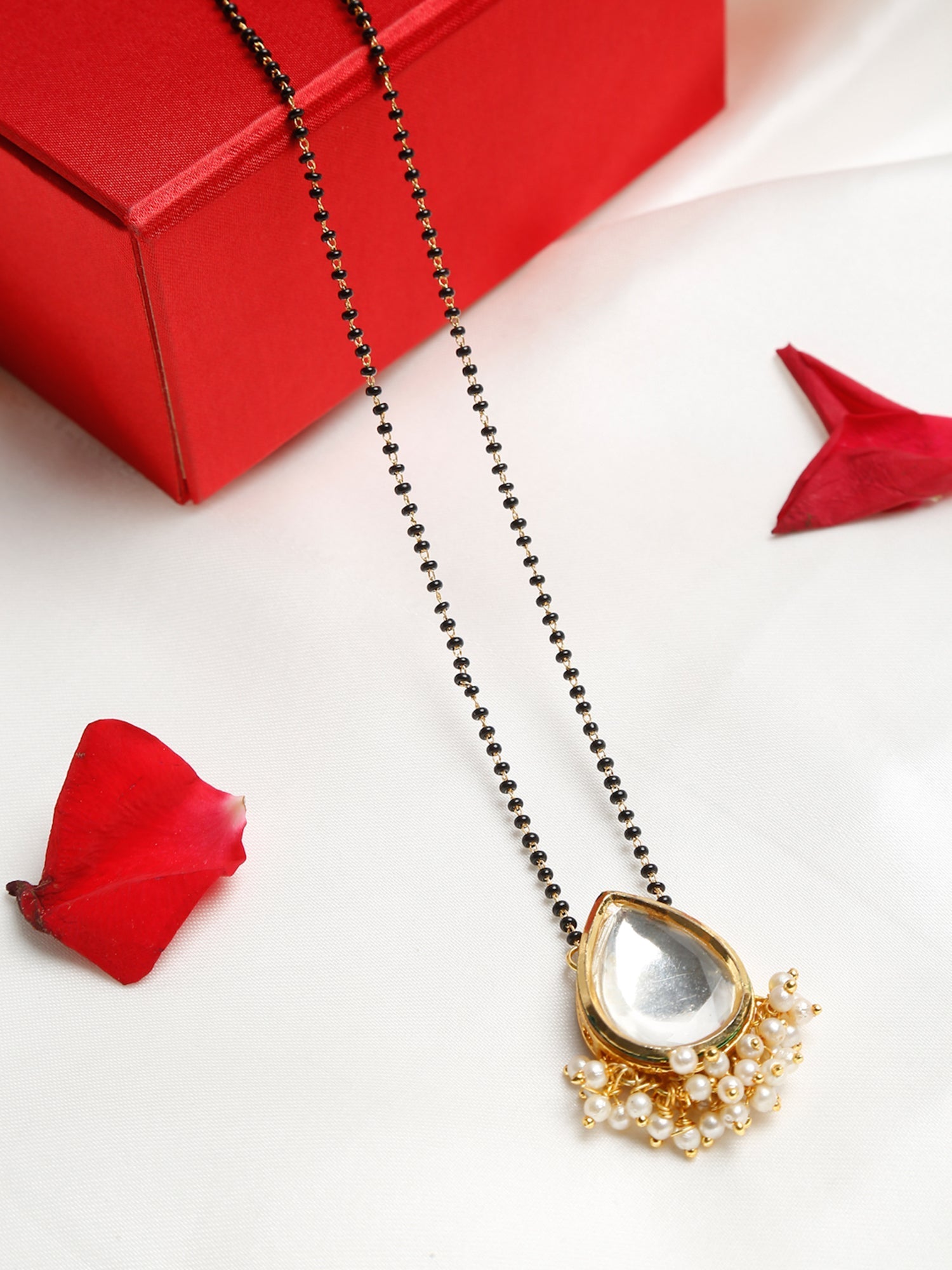 Gold-Polished White Black Kundan-Studded Beaded Mangalsutra - Ruby Raang | Grocsy