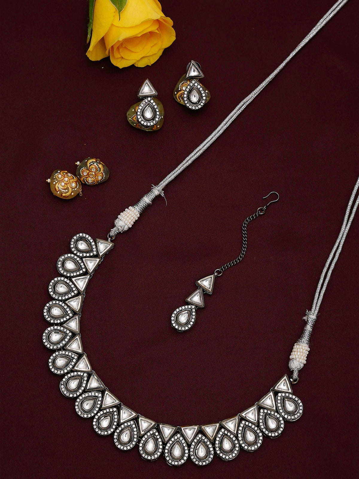 Silver Kundan Choker With Earrings And Maang Tikka - Ruby Raang | Grocsy