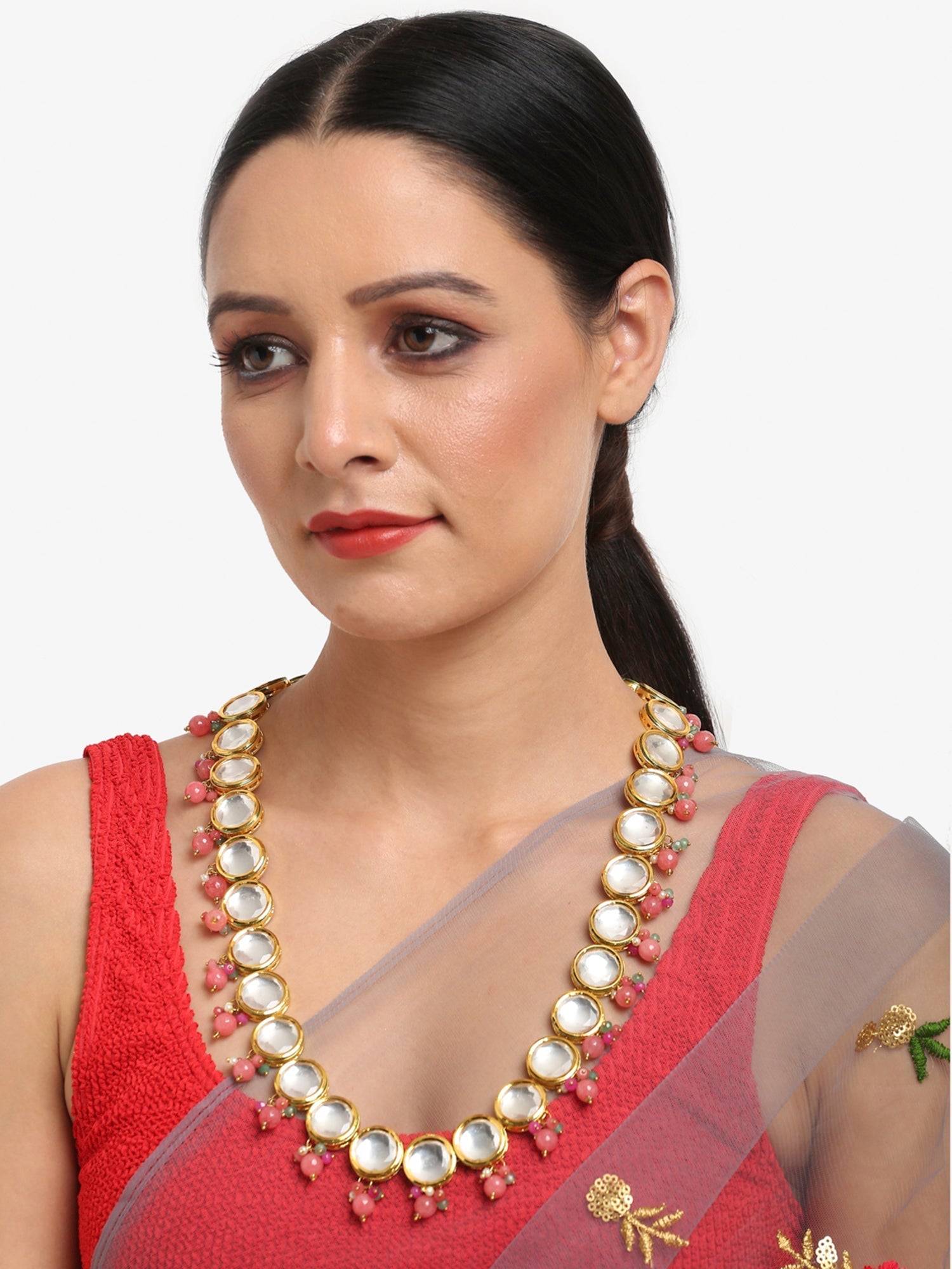 Gold-Polished Pink Kundan Pearls Studded Necklace - Ruby Raang | Grocsy
