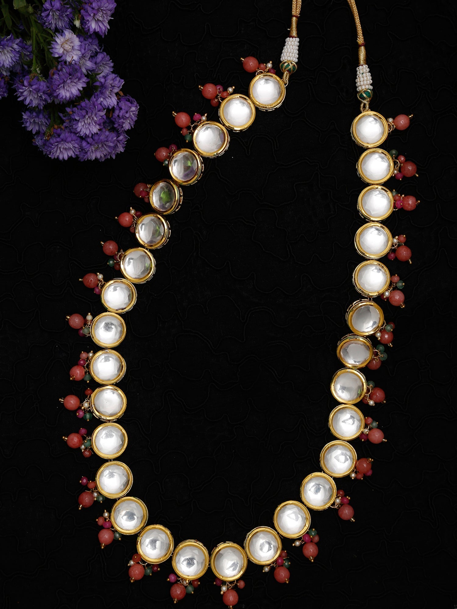 Gold-Polished Pink Kundan Pearls Studded Necklace - Ruby Raang | Grocsy
