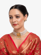 Gold-Polished White Kundan Stone Studded Handcrafted Jewellery Set - Ruby Raang | Grocsy