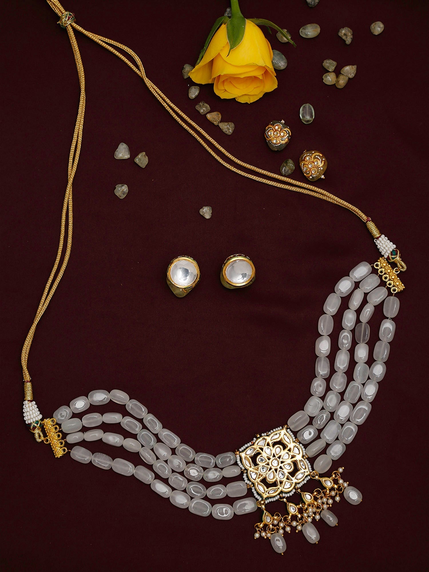 Gold-Polished White Kundan Stone Studded Handcrafted Jewellery Set - Ruby Raang | Grocsy