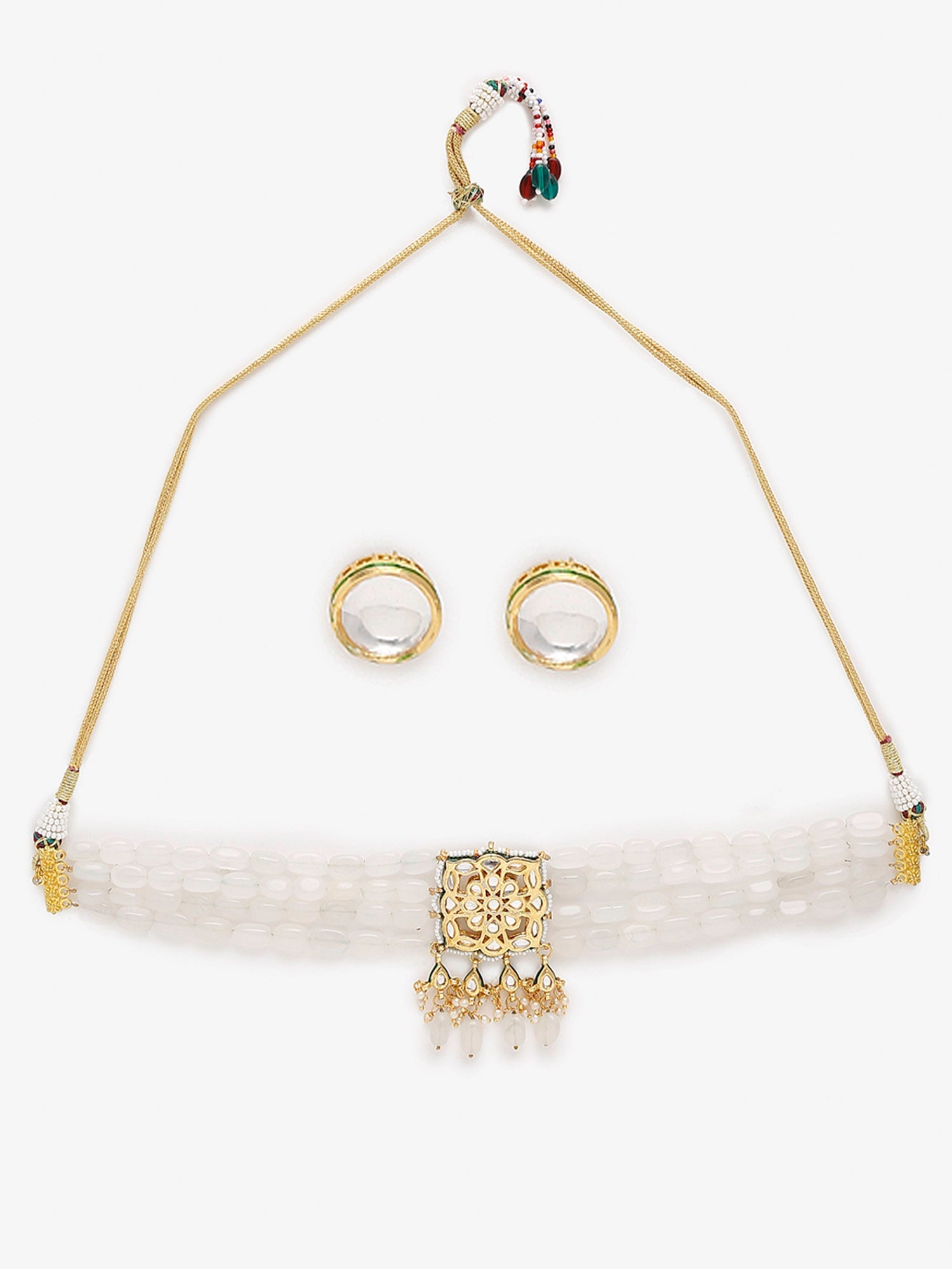 Gold-Polished White Kundan Stone Studded Handcrafted Jewellery Set - Ruby Raang | Grocsy