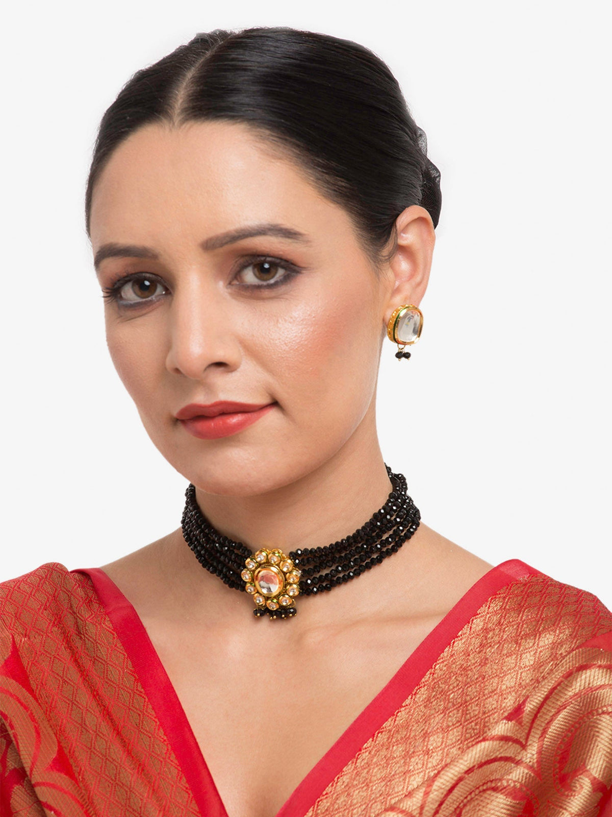 Gold-Polished White Black Kundan-Studded Beaded Handcrafted Jewellery Set - Ruby Raang | Grocsy