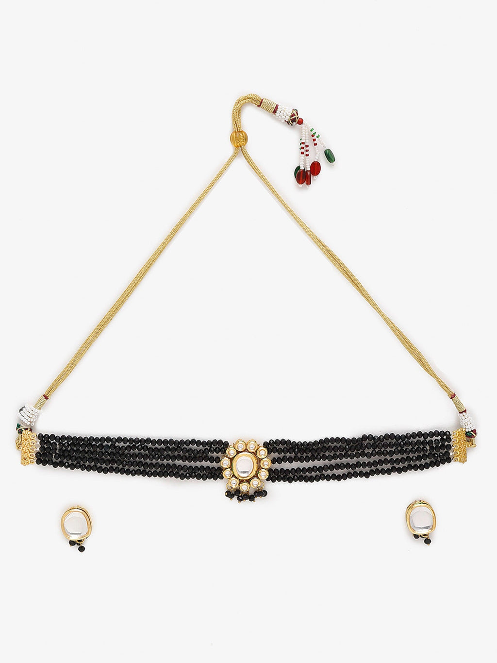 Gold-Polished White Black Kundan-Studded Beaded Handcrafted Jewellery Set - Ruby Raang | Grocsy