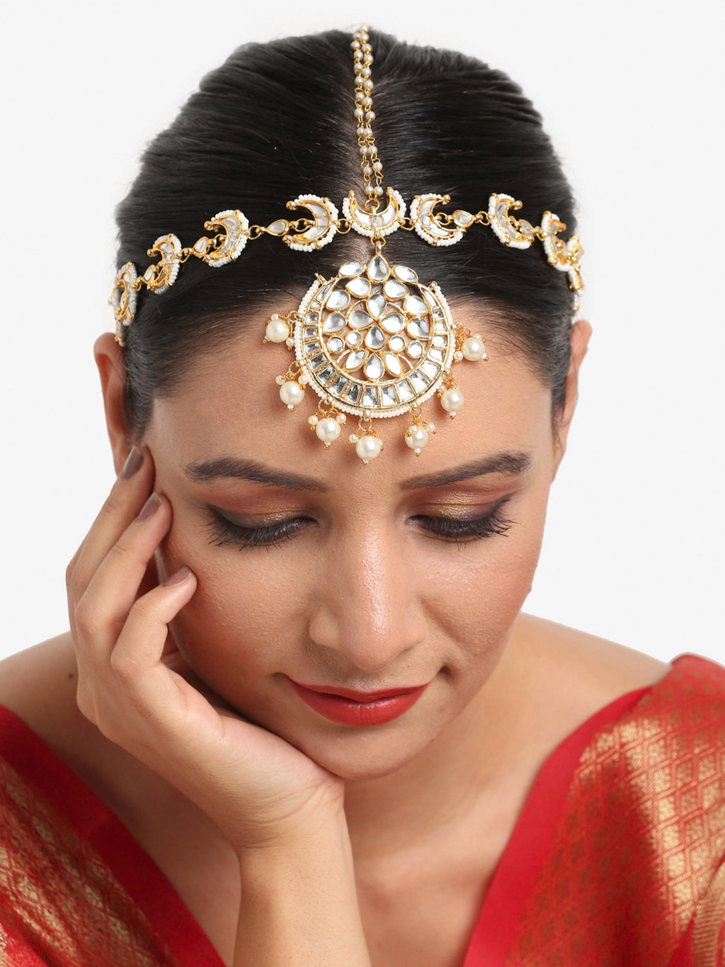 Gold-Polished White Kundan Matha Patti - Ruby Raang | Grocsy
