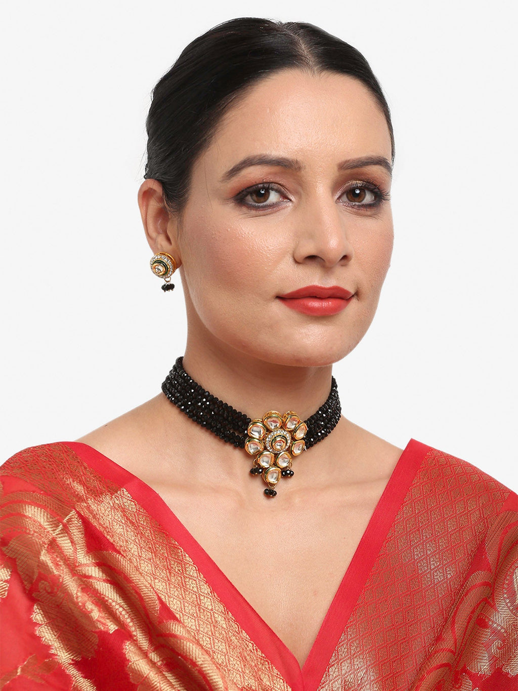 White Black Gold-Polished Kundan-Studded Jewellery Set - Ruby Raang | Grocsy