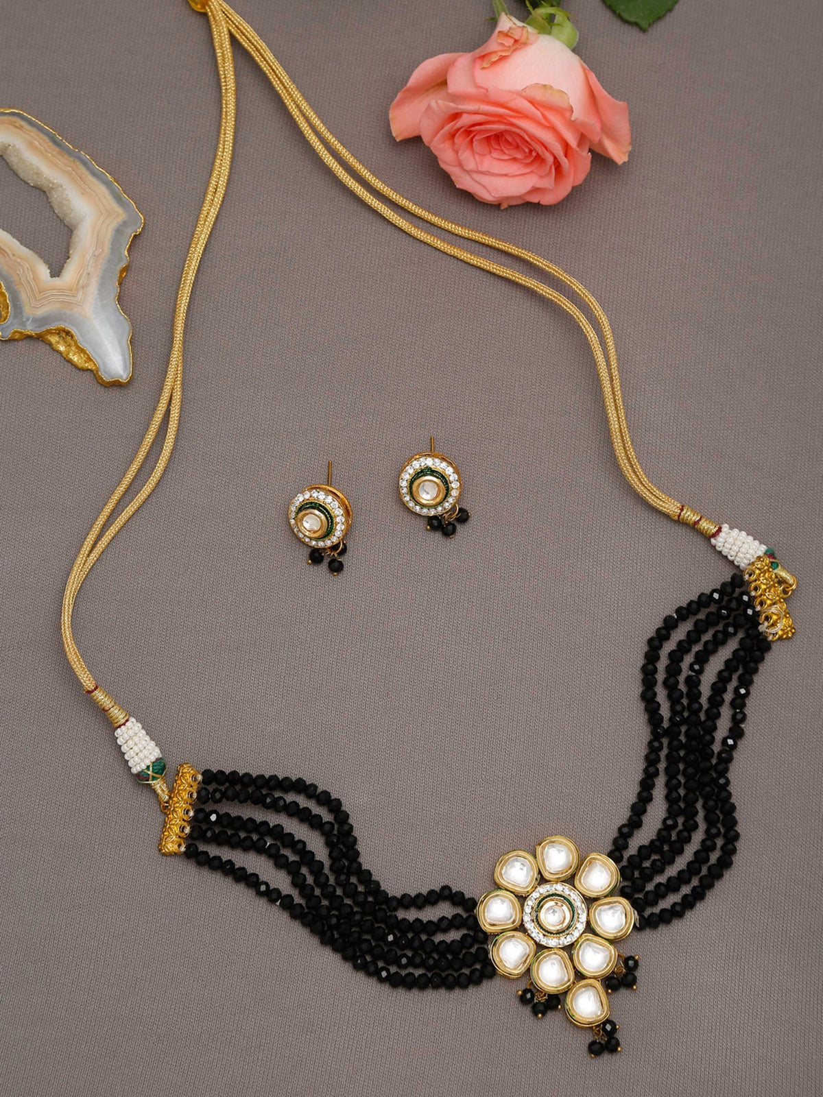 White Black Gold-Polished Kundan-Studded Jewellery Set - Ruby Raang | Grocsy