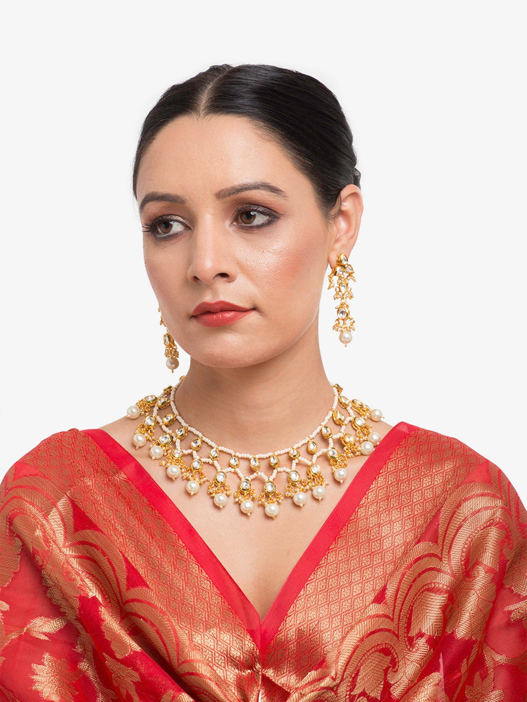 Gold-Polished White Kundan Stone Studded Jewellery Set - Ruby Raang | Grocsy