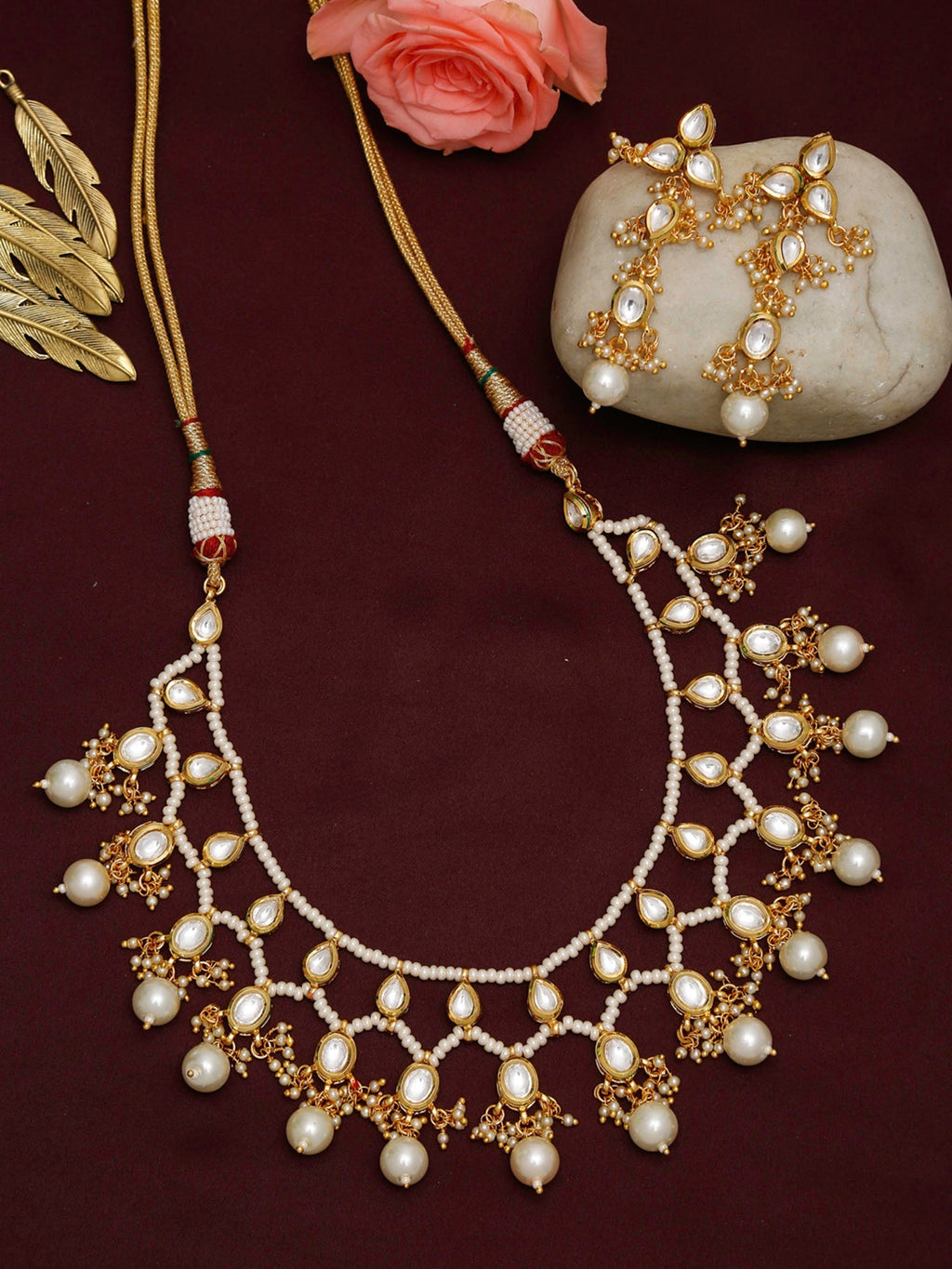 Gold-Polished White Kundan Stone Studded Jewellery Set - Ruby Raang | Grocsy