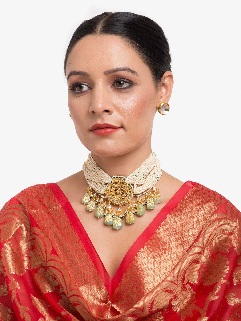Gold-Polished White Green Stone-Studded Pearls Beaded Handcrafted Jewellery Set - Ruby Raang | Grocsy