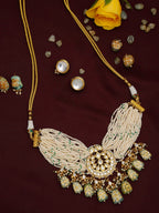 Gold-Polished White Green Stone-Studded Pearls Beaded Handcrafted Jewellery Set - Ruby Raang | Grocsy