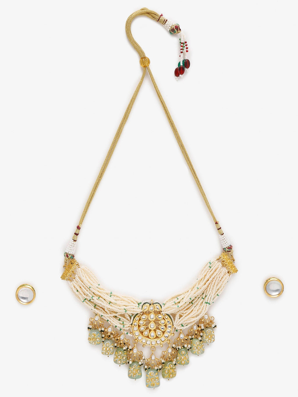 Gold-Polished White Green Stone-Studded Pearls Beaded Handcrafted Jewellery Set - Ruby Raang | Grocsy