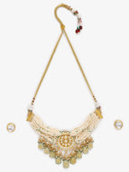 Gold-Polished White Green Stone-Studded Pearls Beaded Handcrafted Jewellery Set - Ruby Raang | Grocsy