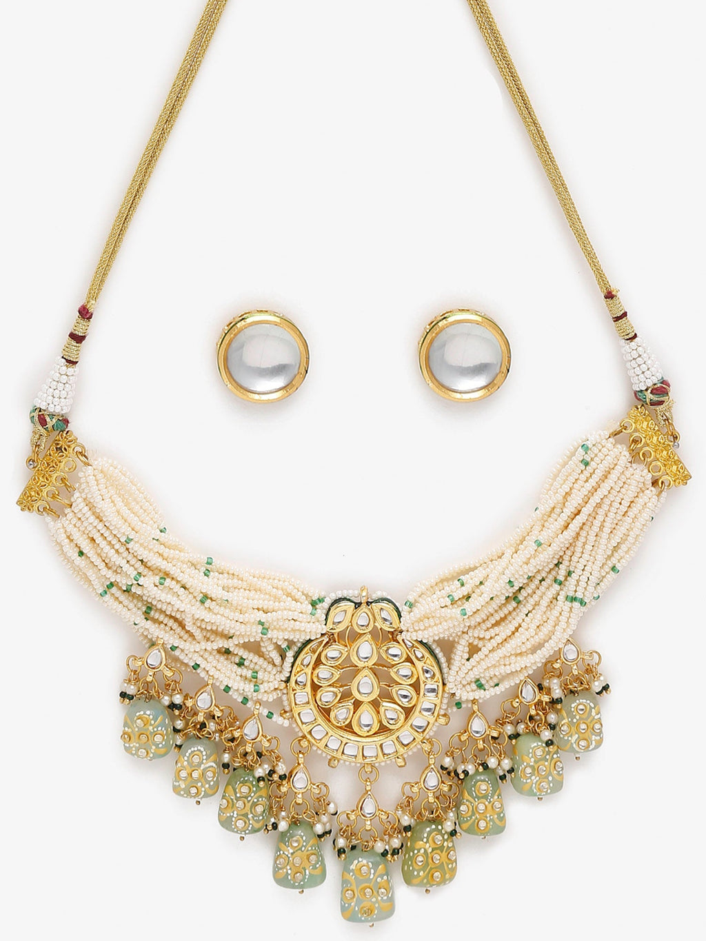 Gold-Polished White Green Stone-Studded Pearls Beaded Handcrafted Jewellery Set - Ruby Raang | Grocsy
