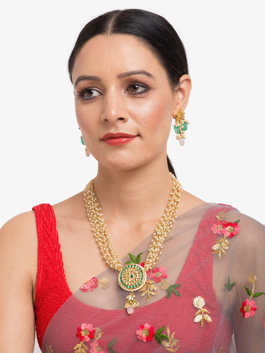Gold-Polished Green White Kundan Studded Layered Jewellery Set - Ruby Raang | Grocsy