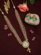 Gold-Polished Green White Kundan Studded Layered Jewellery Set - Ruby Raang | Grocsy