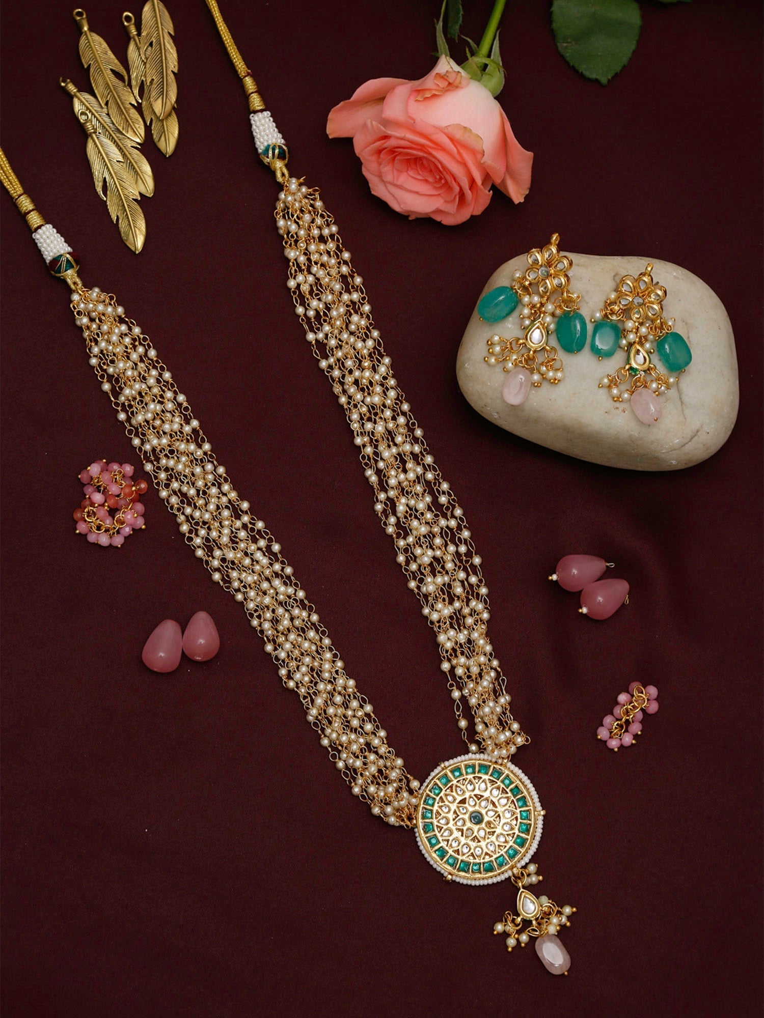 Gold-Polished Green White Kundan Studded Layered Jewellery Set - Ruby Raang | Grocsy