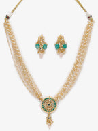 Gold-Polished Green White Kundan Studded Layered Jewellery Set - Ruby Raang | Grocsy
