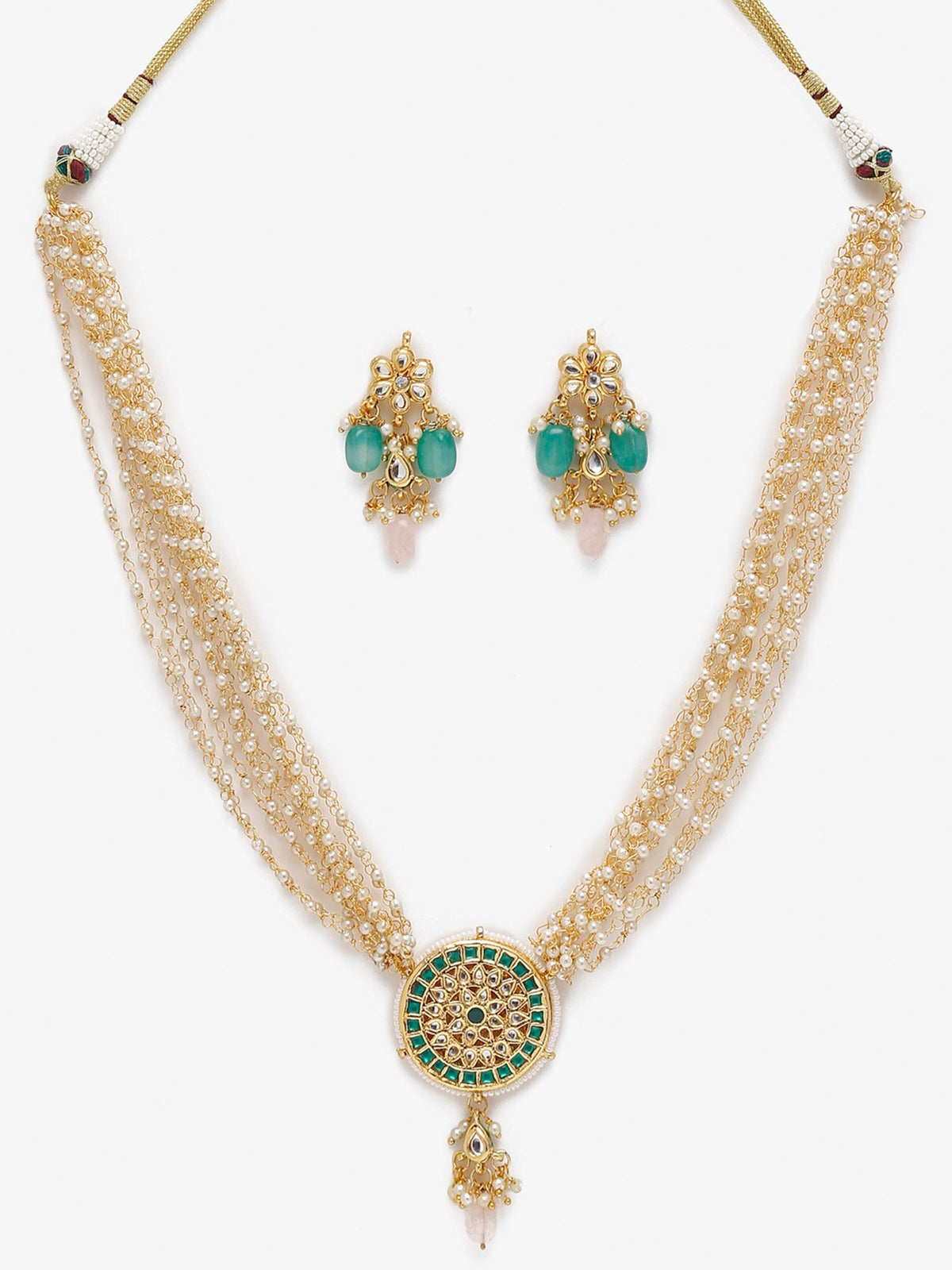 Gold-Polished Green White Kundan Studded Layered Jewellery Set - Ruby Raang | Grocsy
