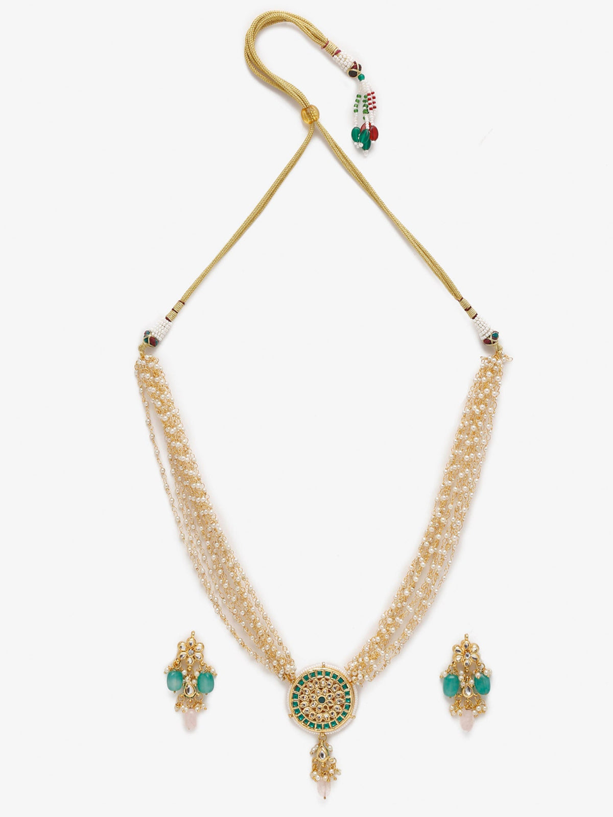 Gold-Polished Green White Kundan Studded Layered Jewellery Set - Ruby Raang | Grocsy