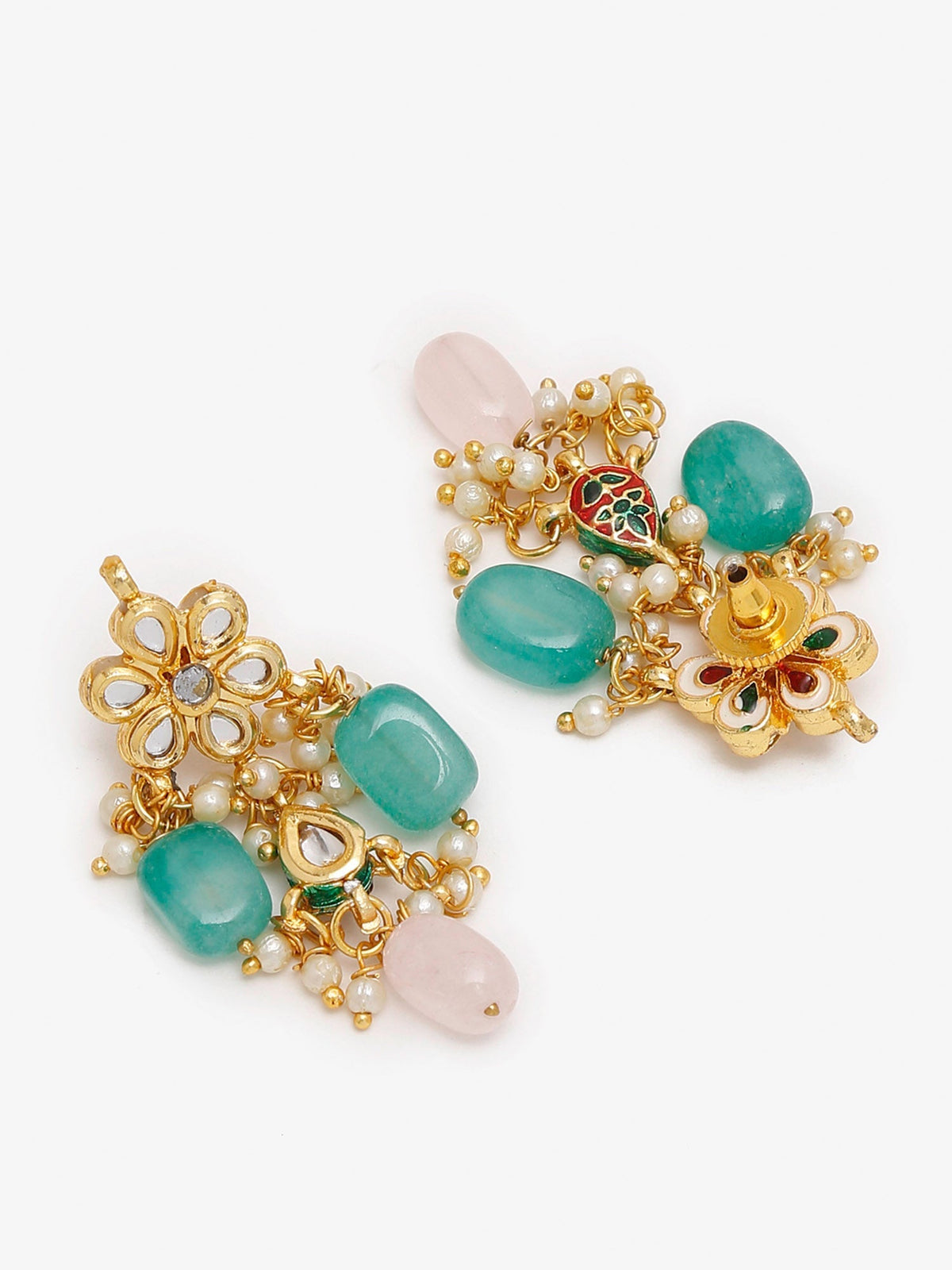 Gold-Polished Green White Kundan Studded Layered Jewellery Set - Ruby Raang | Grocsy