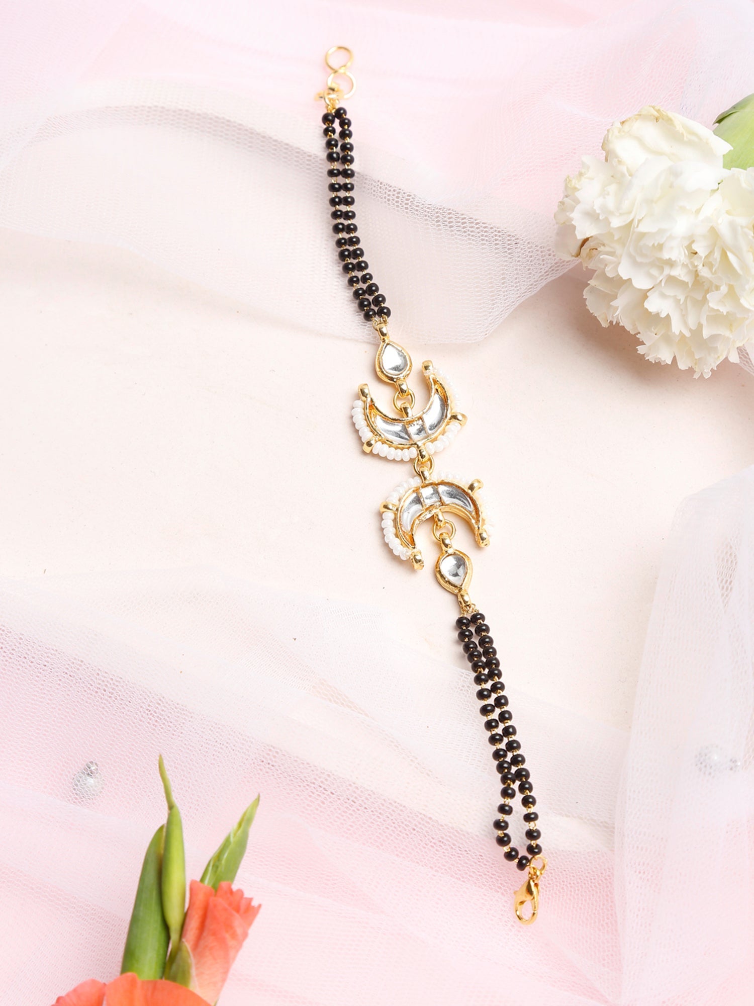 Women's Black Gold-Toned Multistrand Mangalsutra Bracelet - Ruby Raang