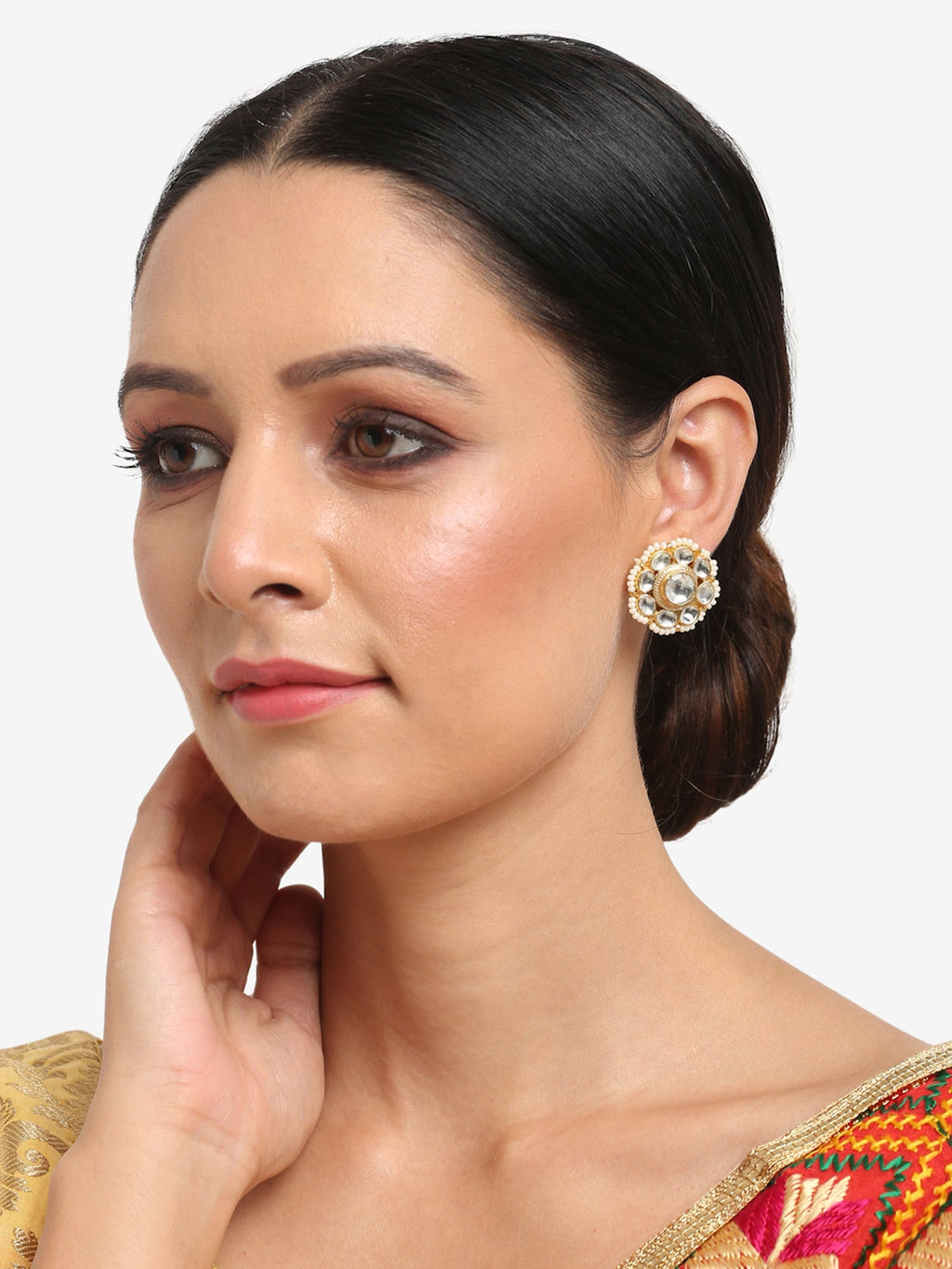 Gold-Toned Floral Kundan Studded Studs Earrings - Ruby Raang | Grocsy