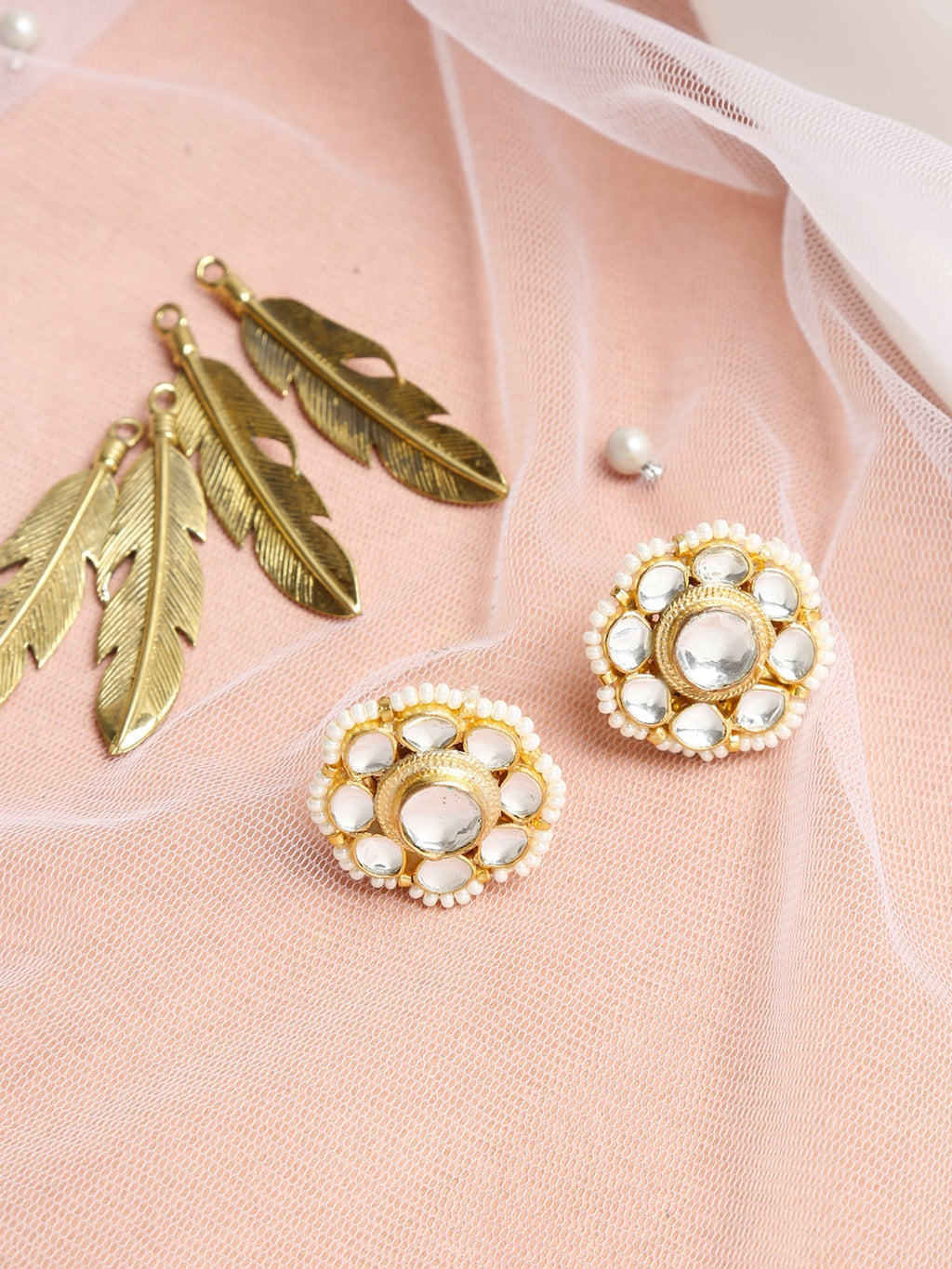Gold-Toned Floral Kundan Studded Studs Earrings - Ruby Raang | Grocsy