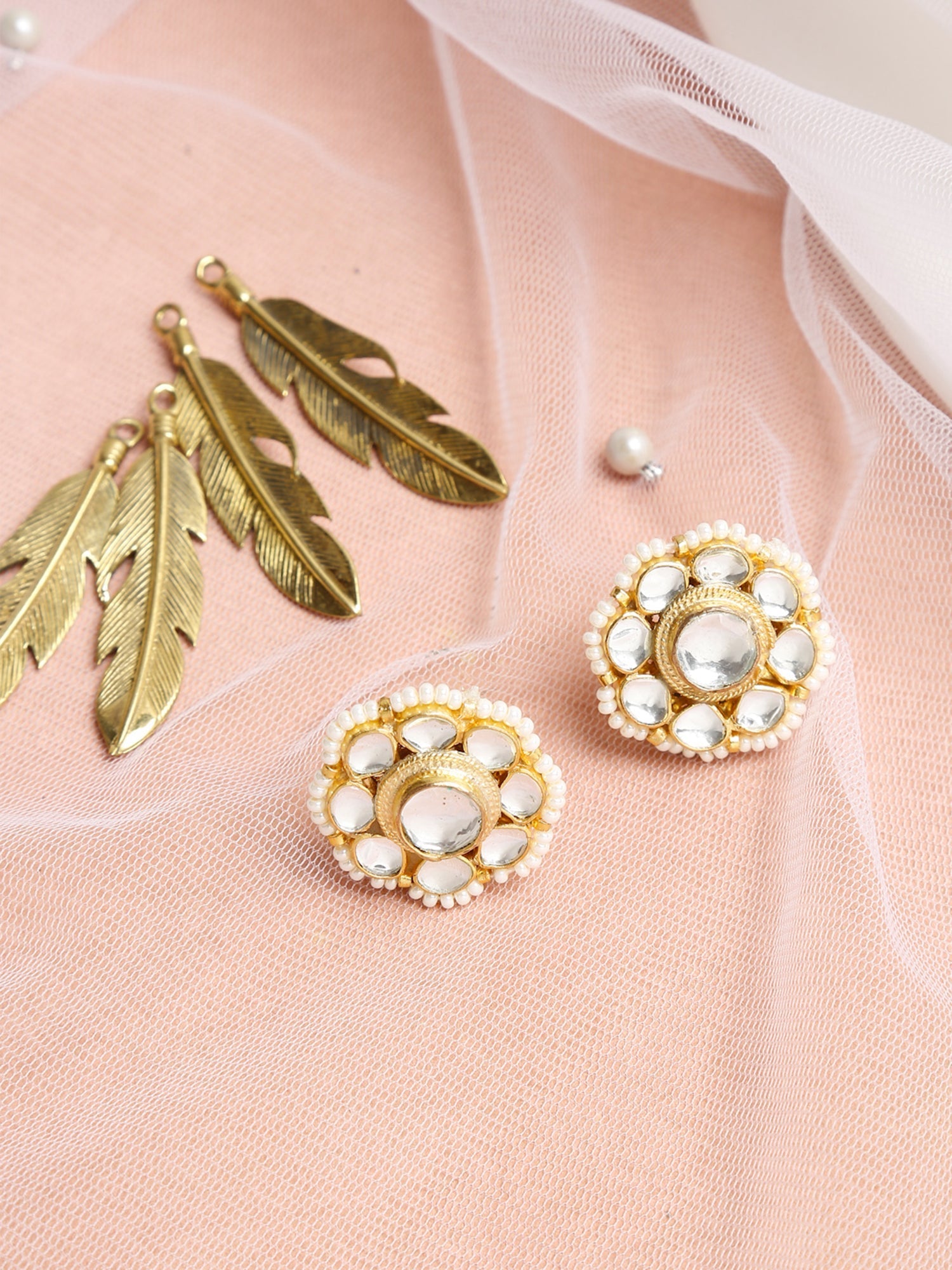 Gold-Toned Floral Kundan Studded Studs Earrings - Ruby Raang | Grocsy