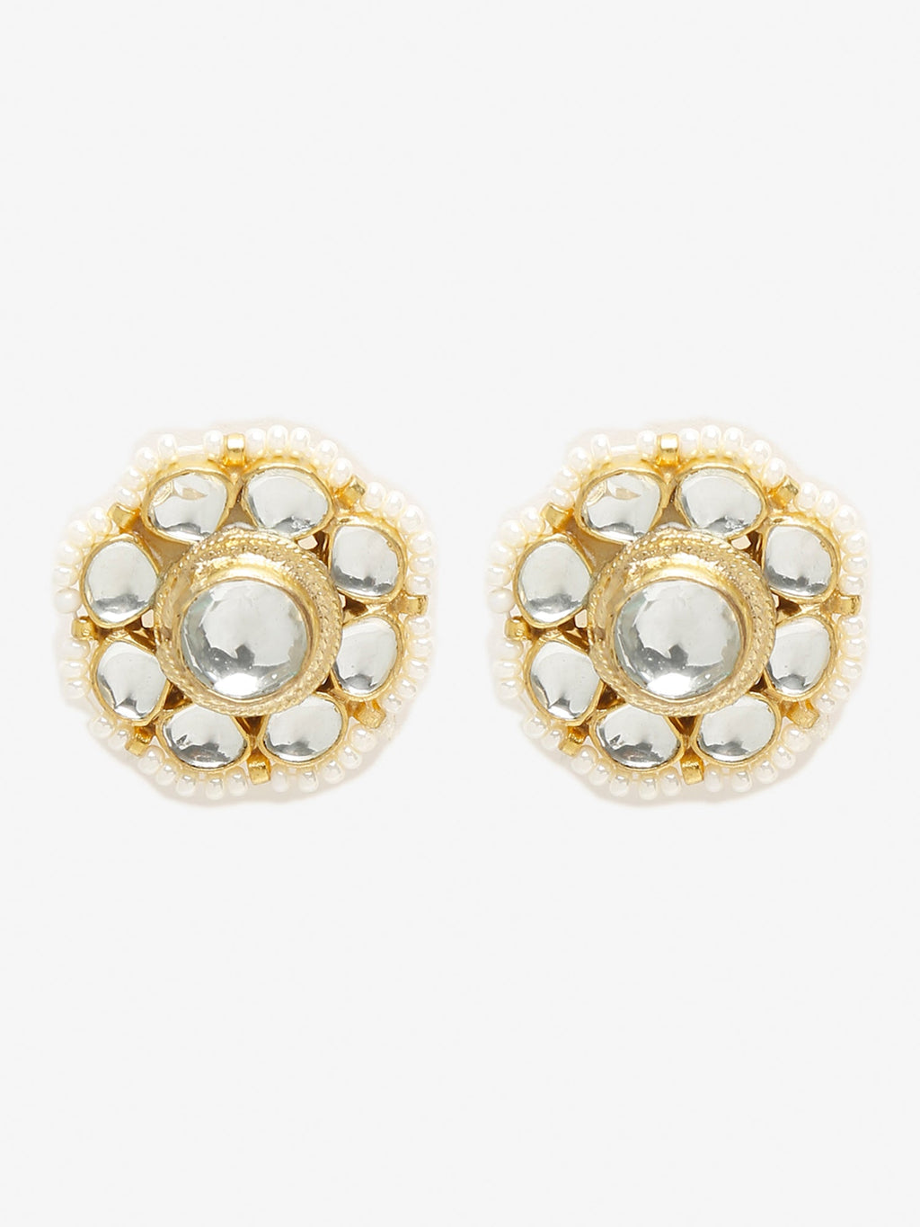 Gold-Toned Floral Kundan Studded Studs Earrings - Ruby Raang | Grocsy