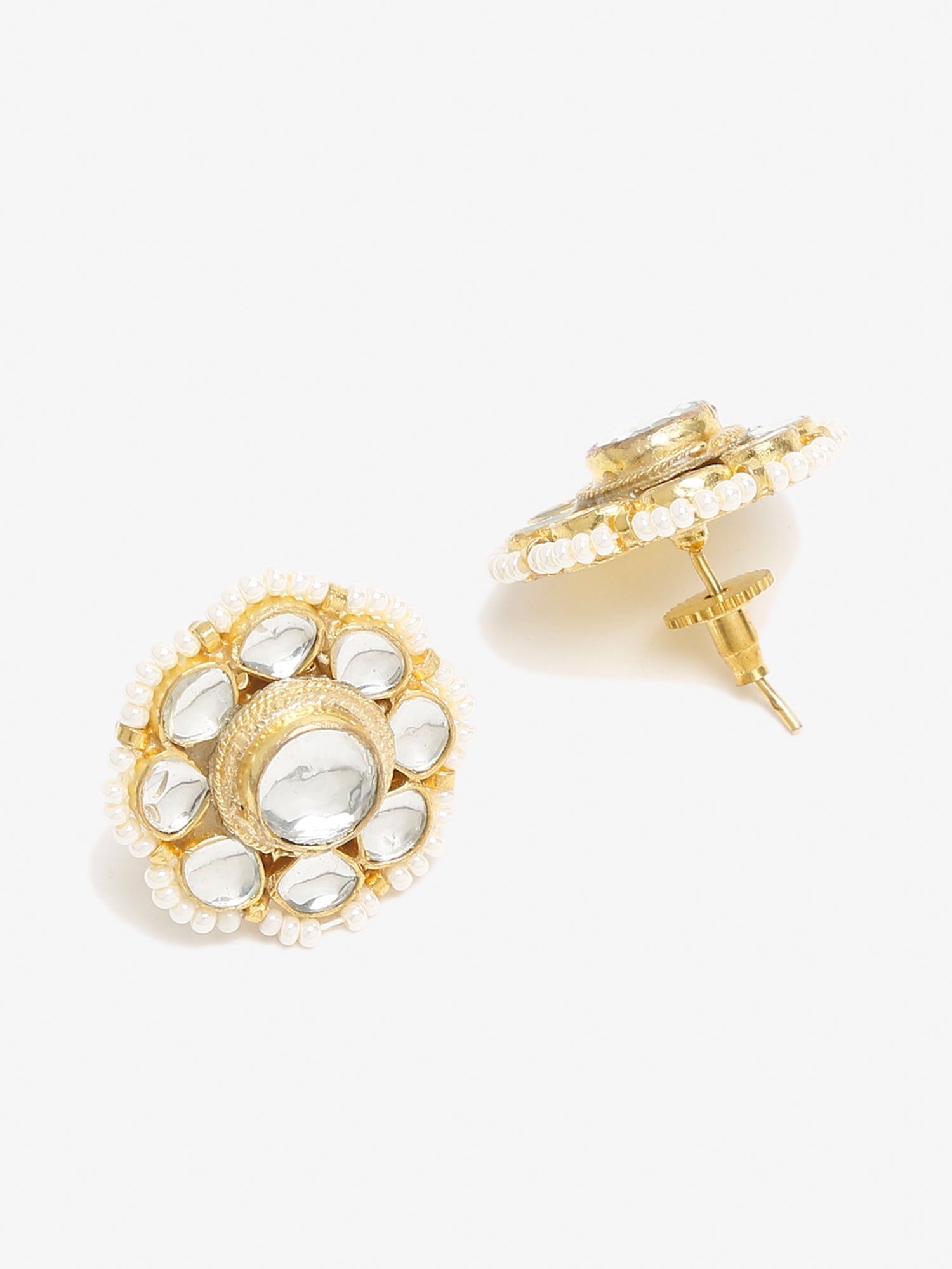 Gold-Toned Floral Kundan Studded Studs Earrings - Ruby Raang | Grocsy