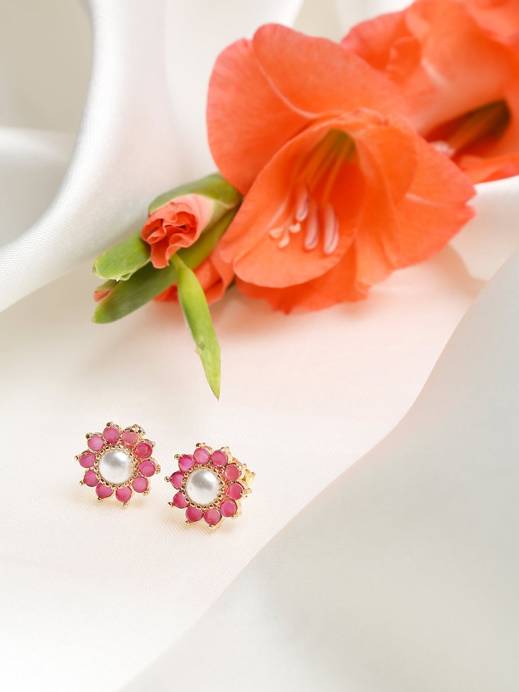 Maroon Gold-Polished Floral Studs Earrings - Ruby Raang | Grocsy