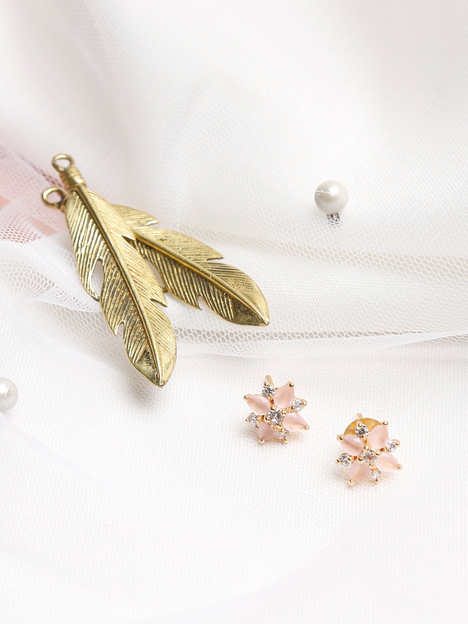 Gold-Polished Pink Floral Studs Earrings - Ruby Raang | Grocsy