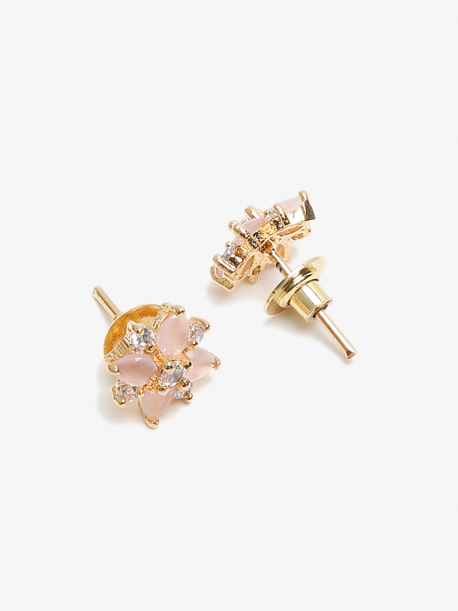 Gold-Polished Pink Floral Studs Earrings - Ruby Raang | Grocsy