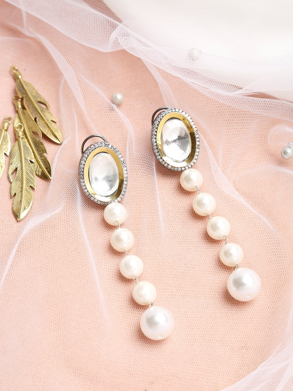 White Kundan Studded Pearls Drop Earrings - Ruby Raang | Grocsy