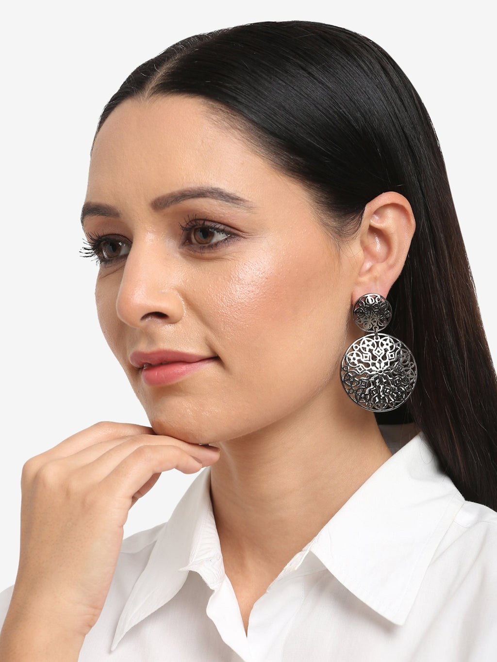 Silver-Toned Circular Drop Earrings - Ruby Raang | Grocsy