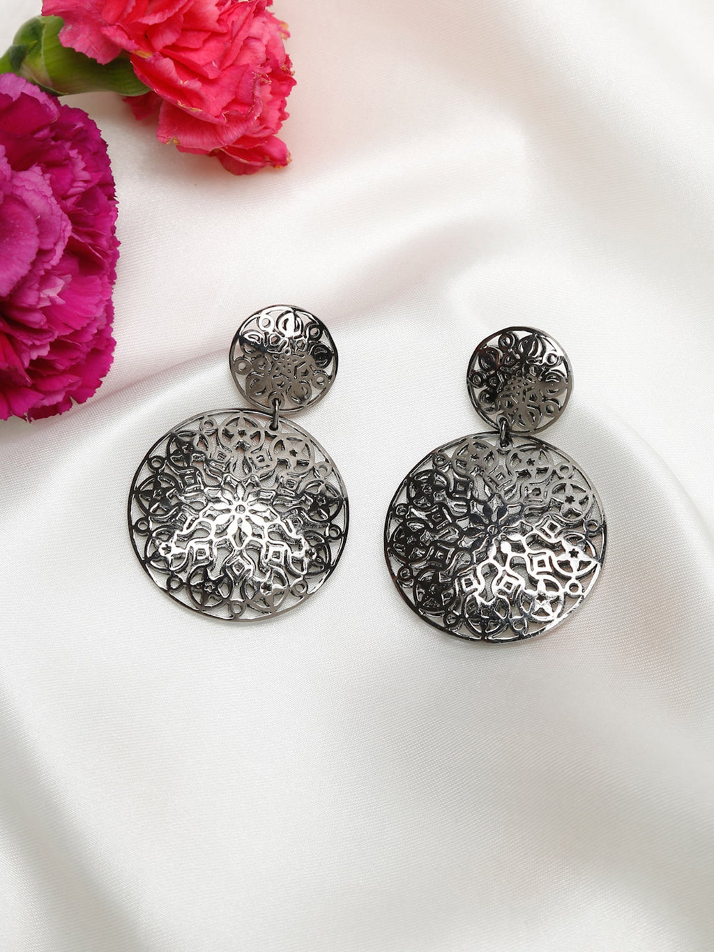 Silver-Toned Circular Drop Earrings - Ruby Raang | Grocsy