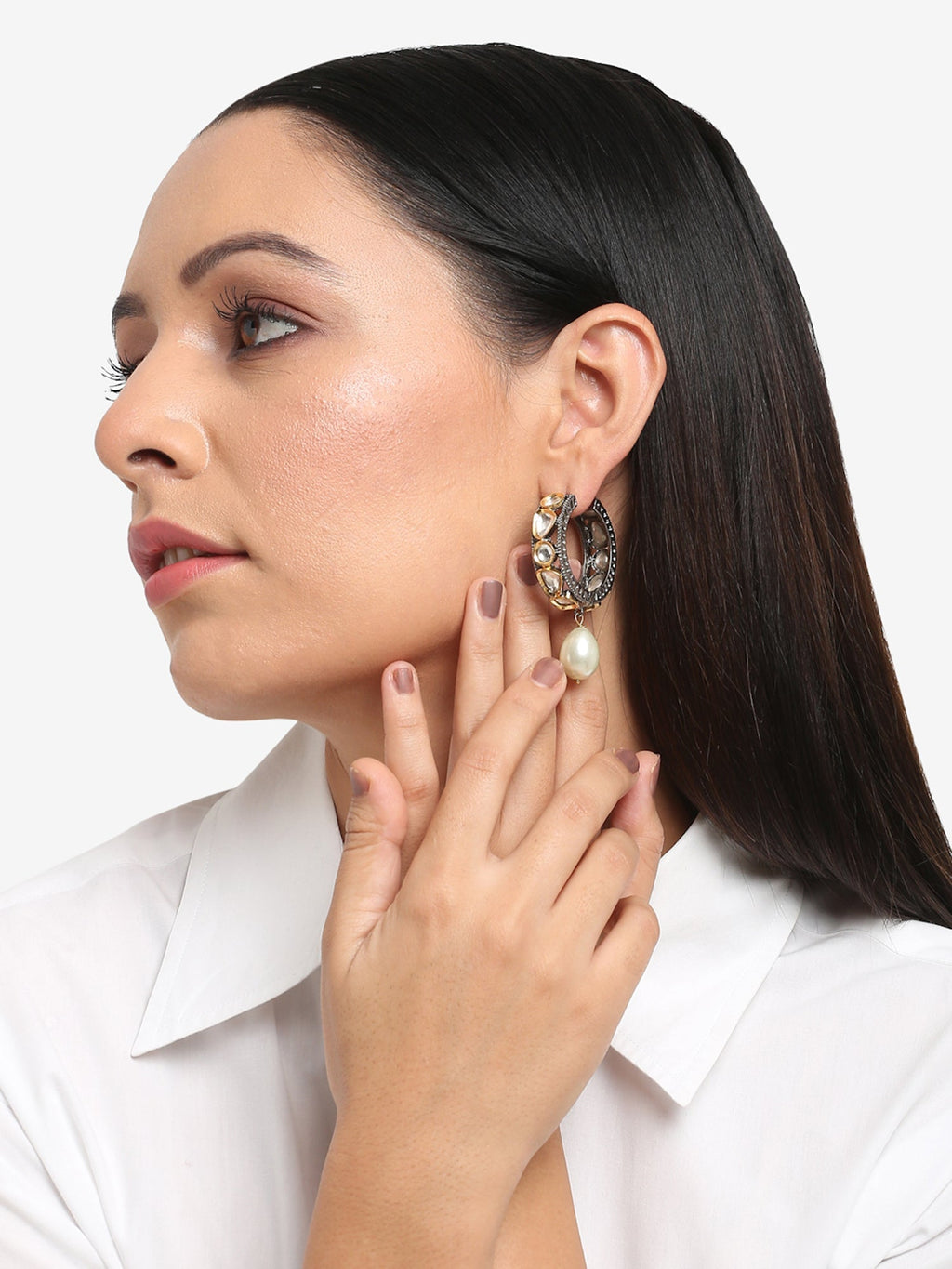 Silver-Toned White Circular Hoop Earrings - Ruby Raang | Grocsy