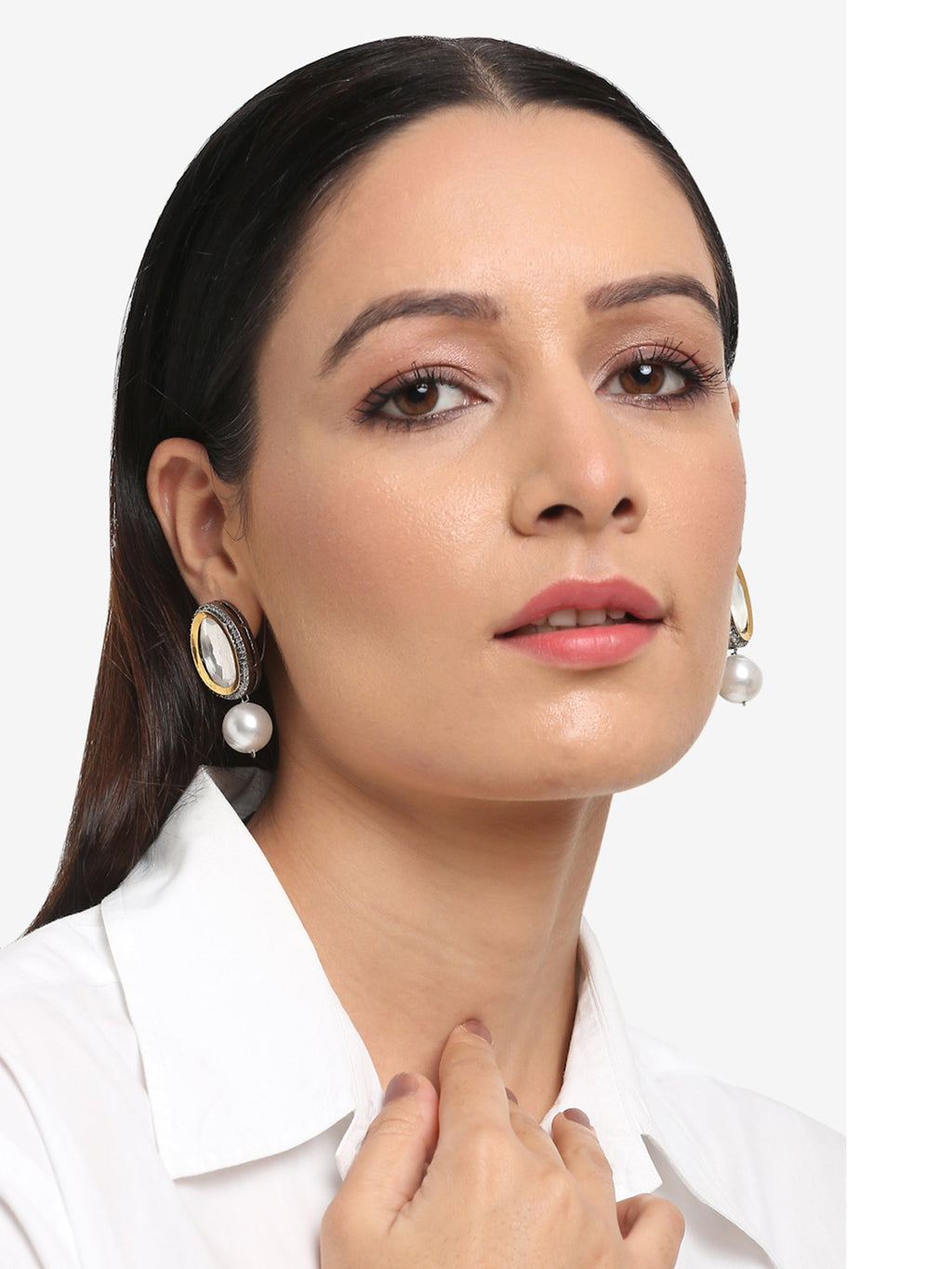 White Kundan Studded Drop Earrings - Ruby Raang | Grocsy